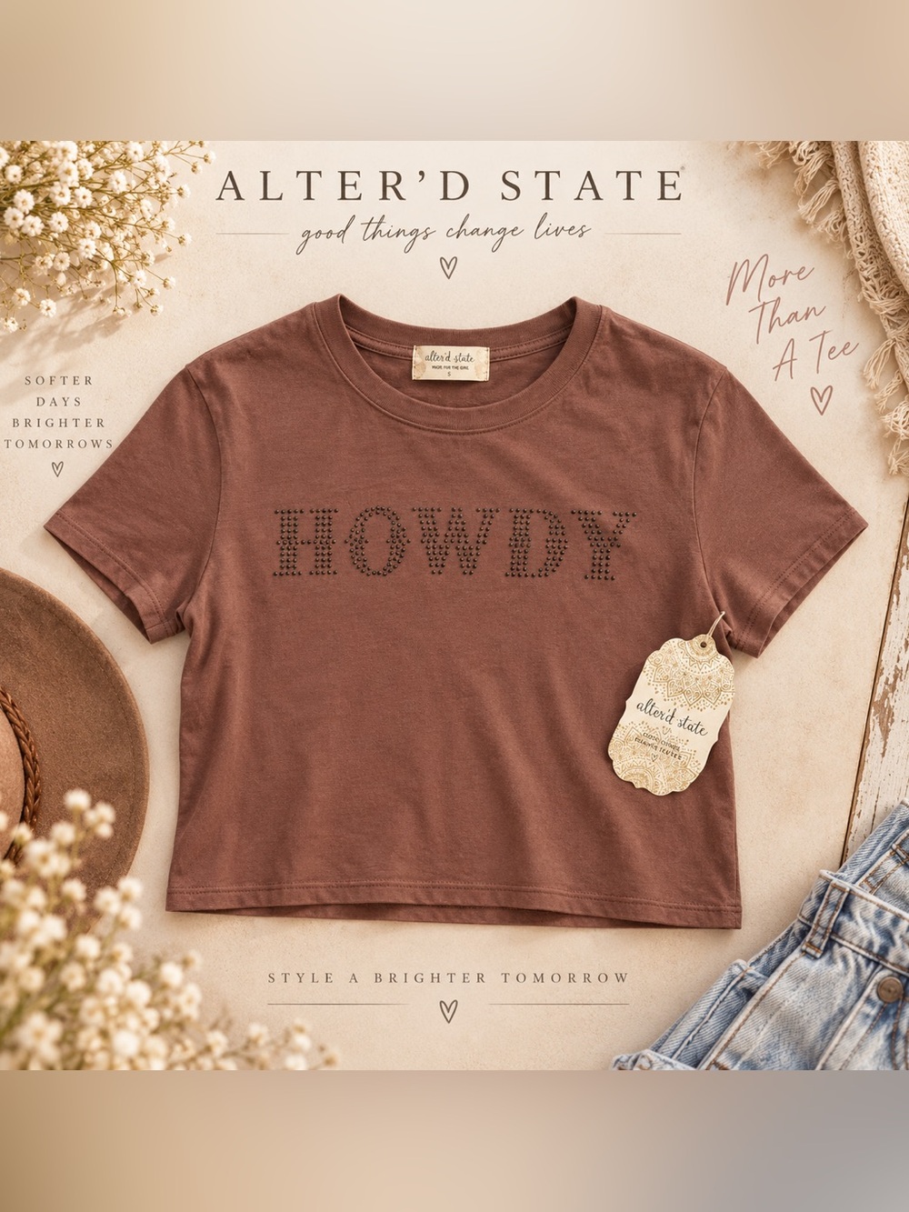 Altar'd State Women’s Crop Tee "Howdy" Brown Size Small NWT